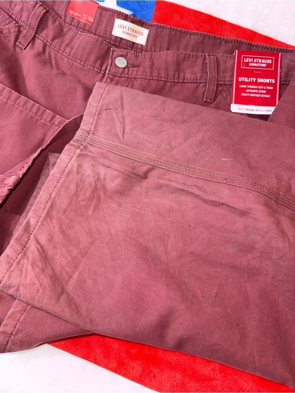 2 Levi's Men's 42 x 10 1/2” (long inseam), Shorts - Burgundy PRE STRESSED- Dirty